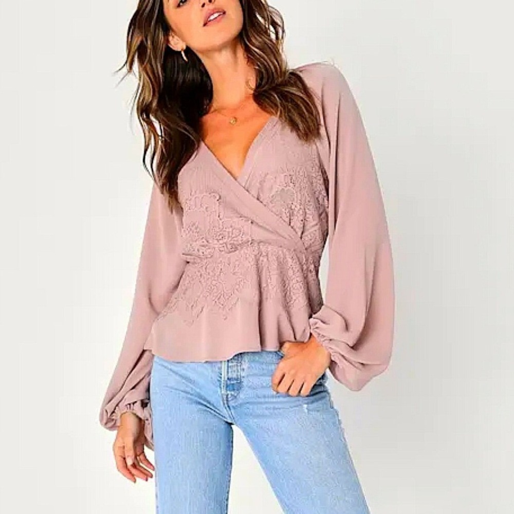 Lulus Loving Arms Taupe Lace Peplum Wrap Blouse Size XS Coquette Romantic
